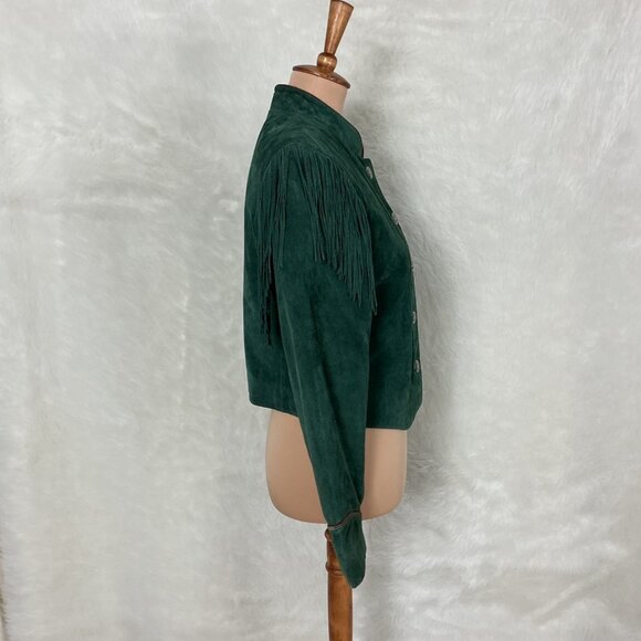 Vintage 90s Scully Green Suede Fringe Shoulder Star Buttons Western Jacket 8 - Picture 7 of 11